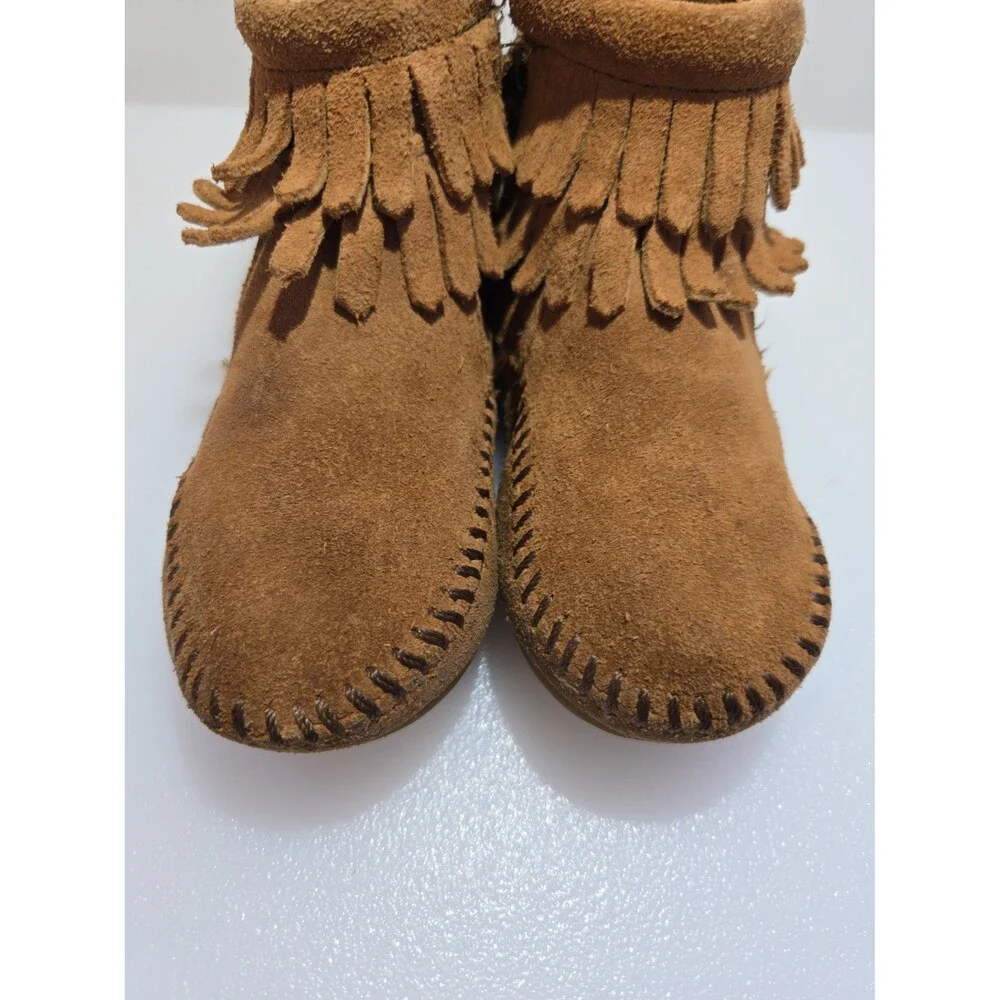 Minnetonka Kids Size 6 Double Fringe Moccasins Bootie Brown Leather Side Zipper